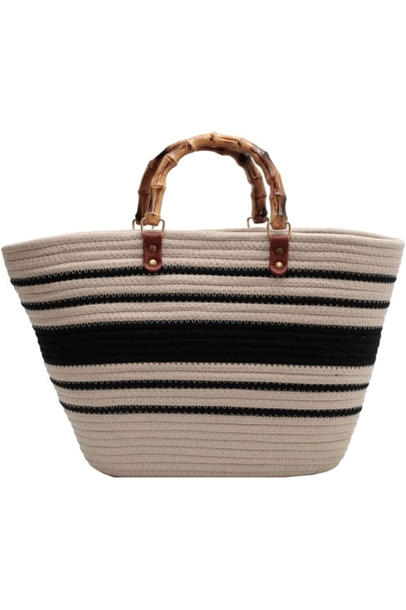 Summer Beach Bag for Women Bamboo Handle Handbag Purse Soft Woven Tote Bag Handmade Beach Purse for Vacation