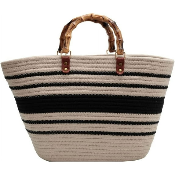 JUYGO Summer Beach Bag for Women Bamboo Handle Handbag Purse Soft Woven Tote Bag Handmade Beach Purse for Vacation
