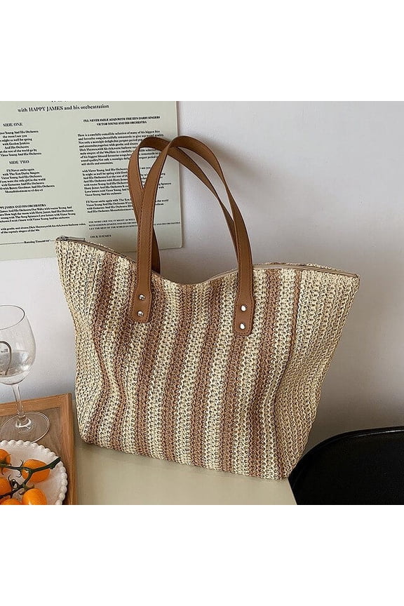 Summer Style Striped Straw Shoulder Bag for Women Handmade Travel Beach Bag Travel Shopping Tote Handbag Ladies Basket bolsa