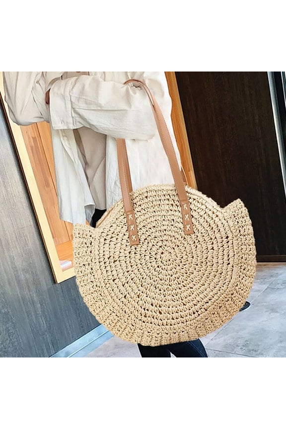 Summer Weaving Underarm Bag Round Shopping Tote Bag Simple Large Capacity Handmade Fashion Casual Portable for Seaside Holiday