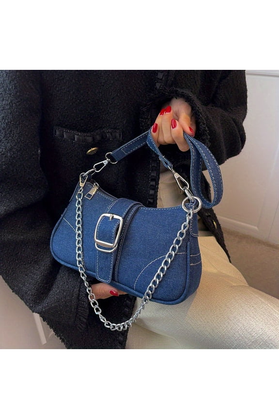 Trendy Y2K Denim Shoulder Bag: Lightweight, Versatile Strap, Solid Urban Style, with Chic Buckle & Chain - A Fashion Statement for Every Occasion