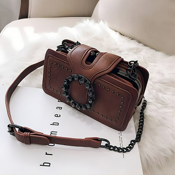 JUYGO Vibrant Retro Round Rhinestone Buckle Bag - Stylish Punk Design Square Crossbody Purse with Gothic Style Rivets, Adjustable Strap, and Spacious Interior for Women