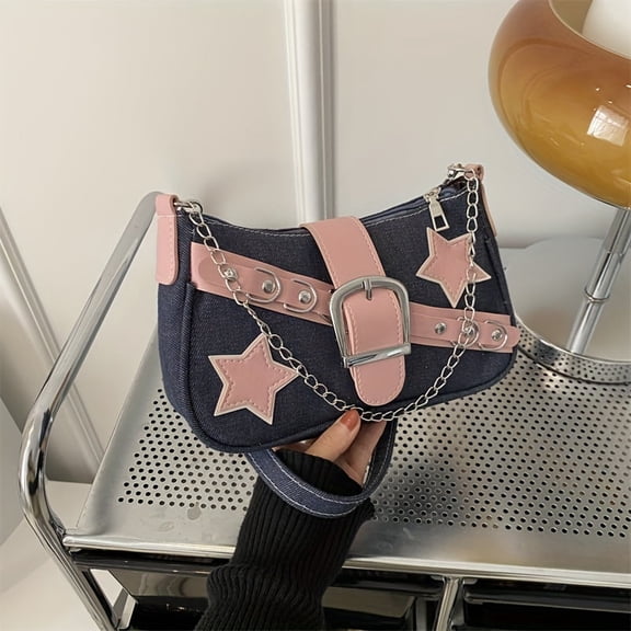 JUYGO Vibrant Star Pattern Colorblock Mini Shoulder Bag - Stylish Underarm Bag with Buckle Decor, Y2K Retro Style, Adjustable Strap, Soft Fabric, and Chic Design for Women