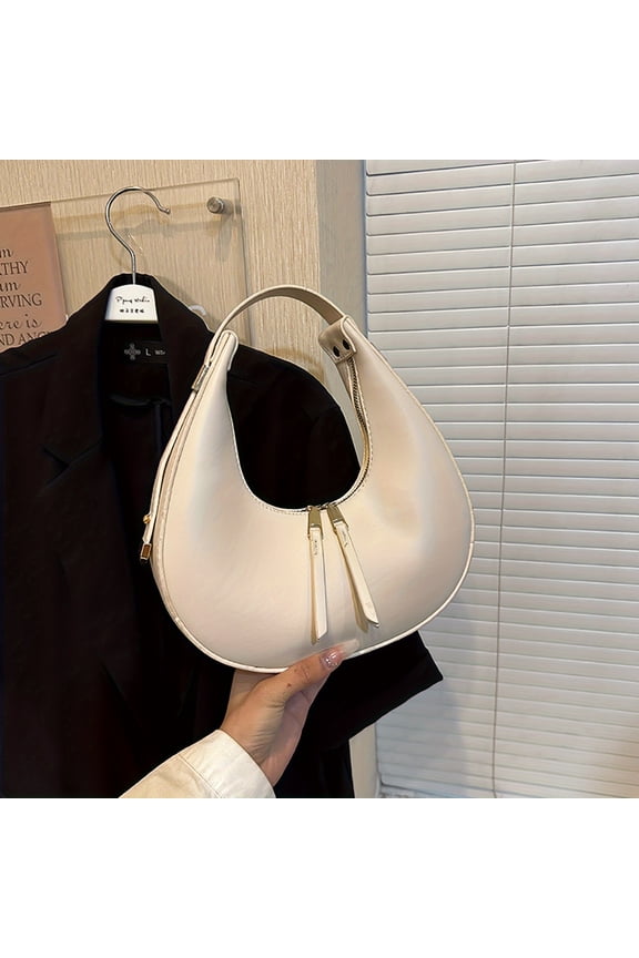 Vintage Chic Crescent Shaped Handbag - PU Leather, Solid Color, All-Match Zipper, Underarm Design, Retro Baguette Style, Simple and Spacious Interior, Perfect for Everyday Use