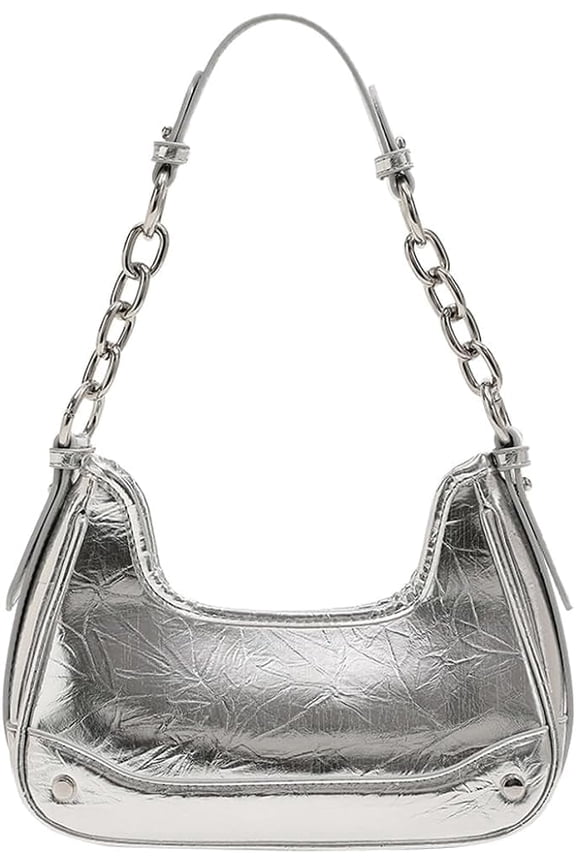 Vintage Crescent Bag Silver Tote Purse for Women Y2k Tote Bag Shiny Leather Shoulder Bag Clutch Zipper Hobo Evening Bag