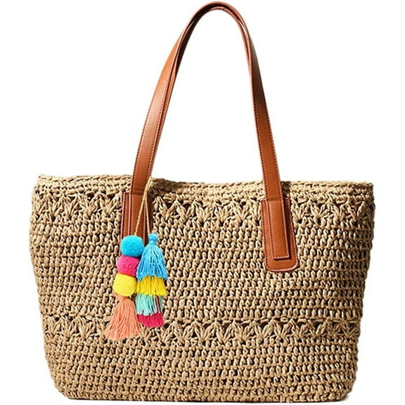 JUYGO Women Beach Straw Bags Pompom Summer Large Tote Bag Handmade Woven Top-handle Shoulder Handbag