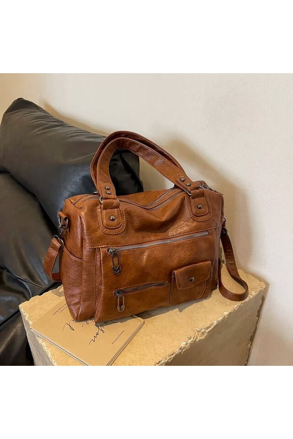 Women Chic Hobo Bag Adjustable Strap PU Leather Retro Crossbody Bag Solid Color Stylish Tote Handbag Large Capacity Shopping Bag