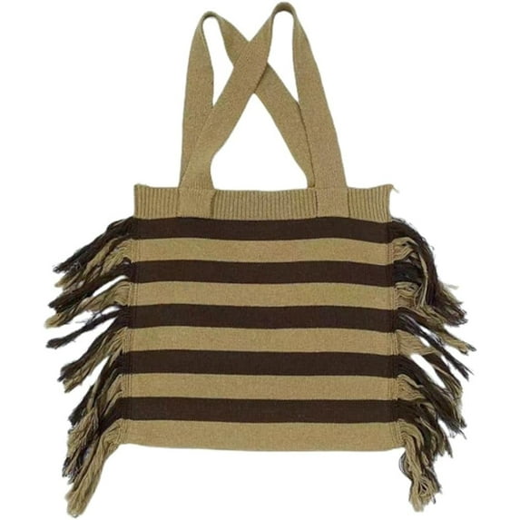 JUYGO Women' Crochet Tote Bag Knitted Shoulder Bag Fringe Contrasting Colors Handbag Purse Cute Hobo Bag