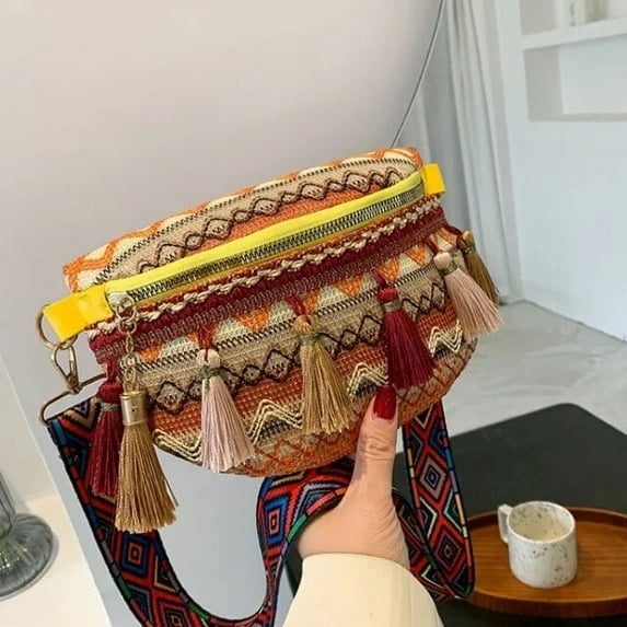 JUYGO Women Folk Style Waist Bags with Adjustable Strap Variegated Color Fanny Pack with Fringe Decor Pochete Feminina Riñonera Belt