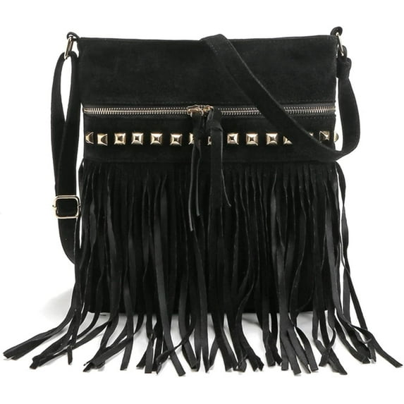JUYGO Women Hobo Fringe Crossbody Bag Vintage Small Bohemian Tassel Shoulder Bag Studded Faux Suede Western Hippie Boho Purse