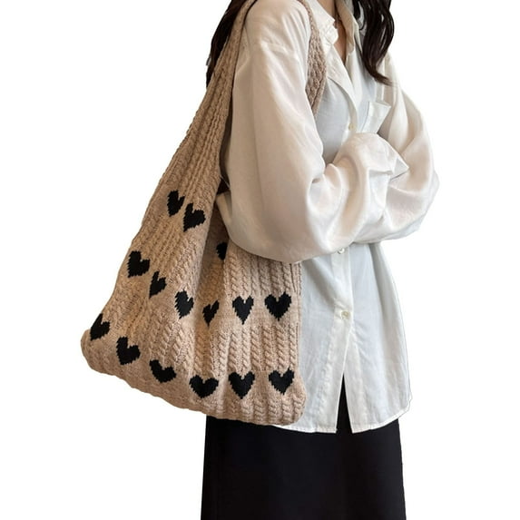 JUYGO Women Knit Tote Bag Crochet Tote Heart Tote Cutecore Key Chain Cute Tote Bag Accessories Shoulder Heart Hobo Bags Knit