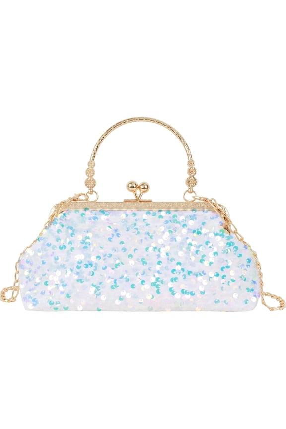 Women Mini Glitter Sequin Evening Handbag Clutch Metal Top-handle Bag Chain Strap Cross-body Bag