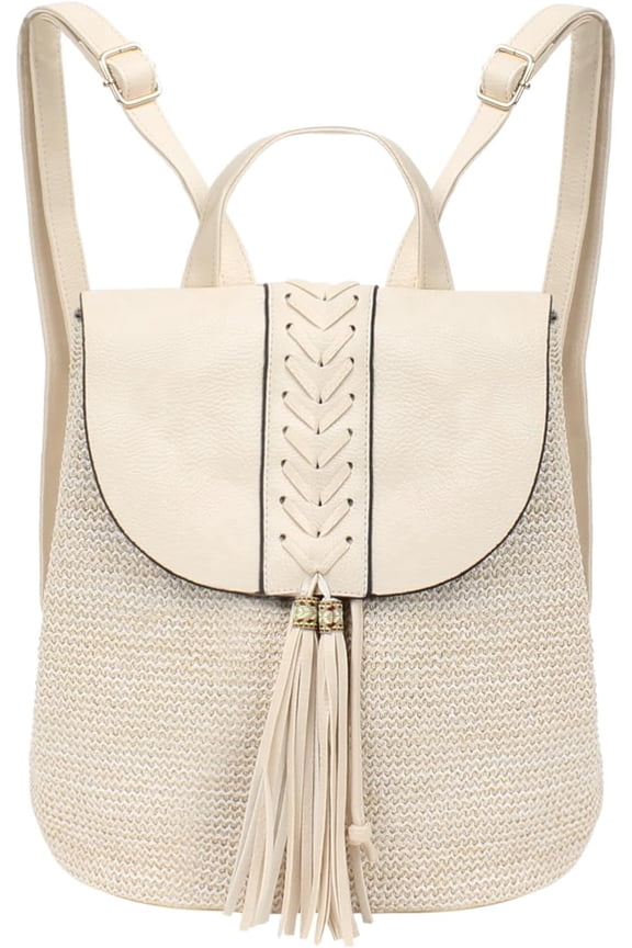 Women Small Braid Tassels Straw Woven Backpack PU Leather Flap Drawstring Daypack Shoulders Bag