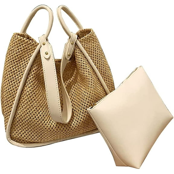 JUYGO Women Straw Bags Summer Rattan Hand-Woven Beach Large Tote Bag Fashion Handbag with PU Strap