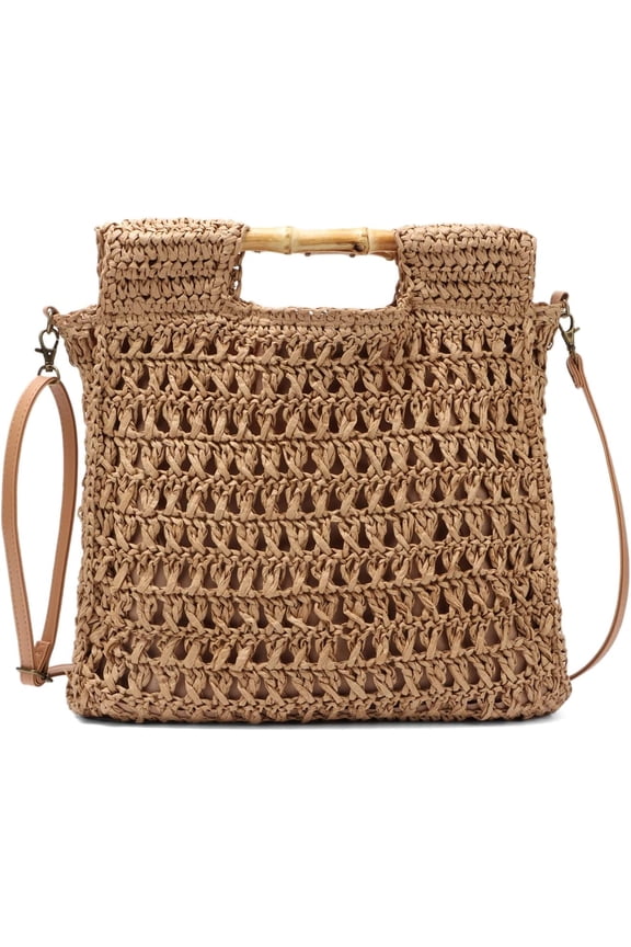 Women Straw Beach Tote Bag Summer Large Bamboo Top Handle Handbag Hand Woven Shoulder Crossbody Purse for Travel