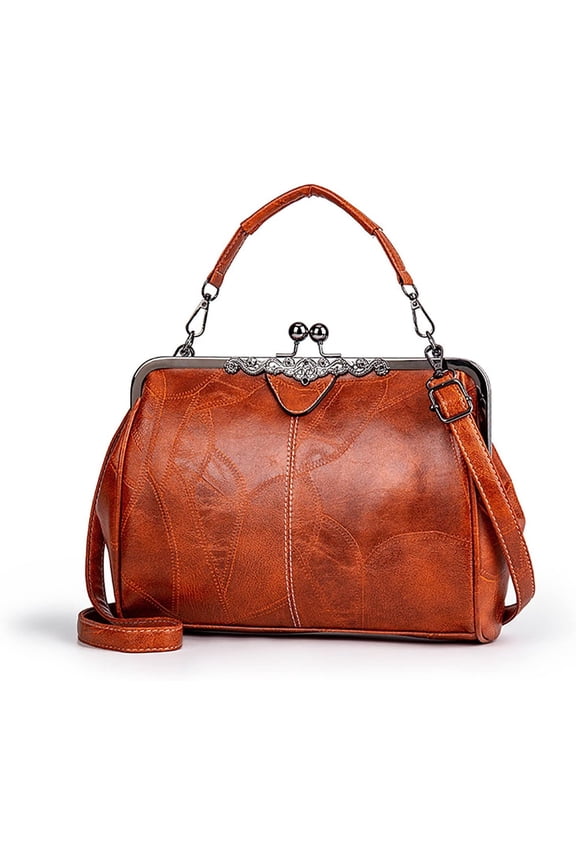 Women Vintage Hollow Handbag Oil Leather Shoulder Crossbody Bag Clutch Satchel Purse with Kiss Lock Closure