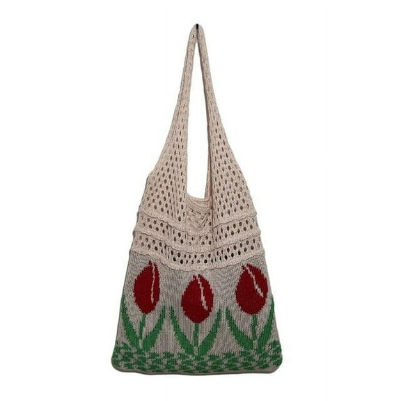 JUYGO Women's Bags Floral Tulip Graphic Crochet Tote Retro Fashion Knitted Handbag Hollow Shoulder Bag Female Beach Holiday Shopping