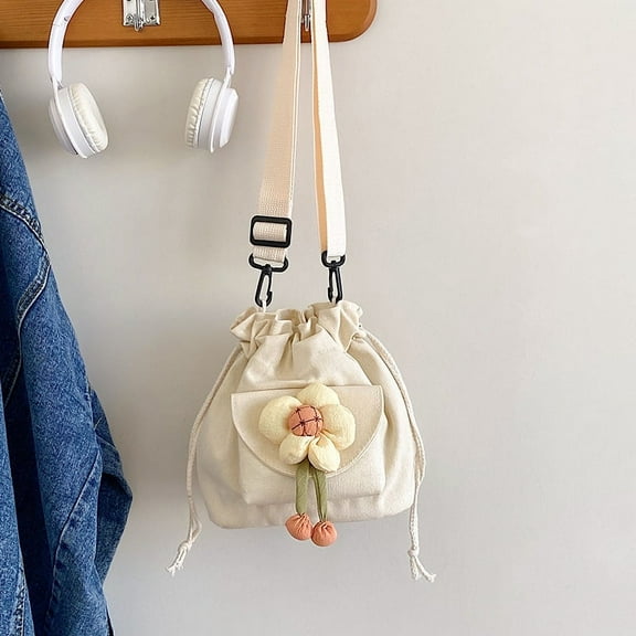 JUYGO Women's Cute Flower Drawstring Bucket Bag, Women's Learning Shoulder Bag, Convenient Travel Small Cloth Bag, Crossbody Bag