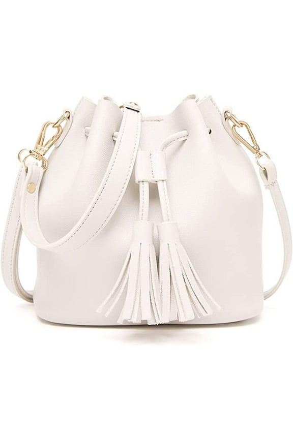 Womens Mini Bucket Bag Leather Drawstring Handbag Tassel Shoulder Purse Retro Crossbody Wallet with Adjustable Straps