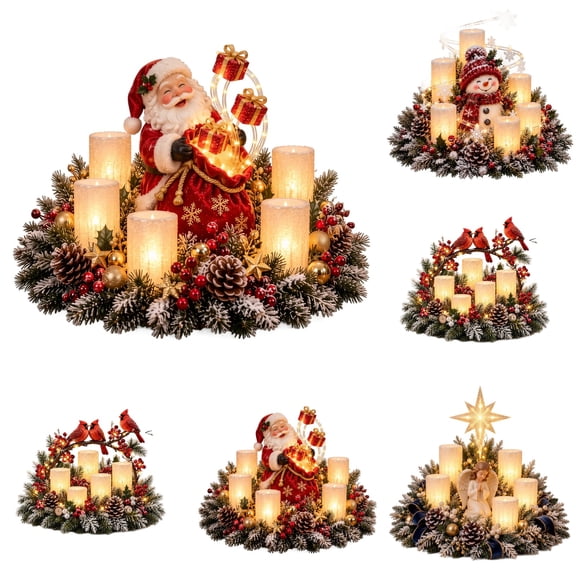 JUYLBLVE Lighted Christmas Centerpiece with Flameless Candles, LED Holiday Table Decoration with Santa & Gift Boxes, Festive Xmas Home Decor for Dining Table, Mantel, Fireplace