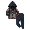 thumbnail image 1 of JUjie Boys Clothes Plaid Hooded Shirt 2pcs Outfit, Button Front Toddler Fall Winter Hoodie & Sweatpants Set Z05 Dark Blue 4-5 Years, 1 of 7