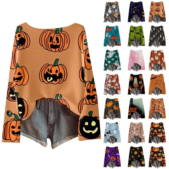 JUjie Pumpkin Sweatshirt for Women Round Neck Novelty Halloween Pullover Casual Fall Daily Halloween Tops Z48 Orange M