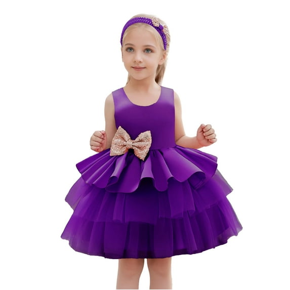 JUoaLXG Baby Girls Casual Dresses Solid Color Bowknot Round Neck Sleeveless First Birthday Cake DressSportwear,Purple,18-24 Months
