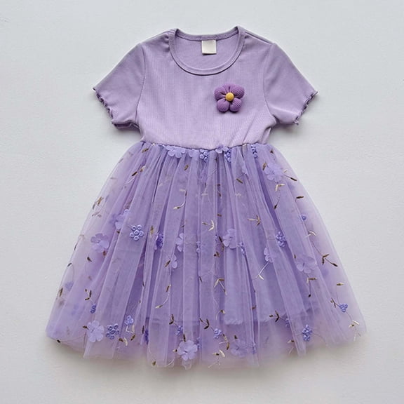 JUoaLXG Baby Girls Casual Dresses Summer Children Short Sleeve Flowers Print Mesh Dress Daily-Wear,Purple,18-24 Months