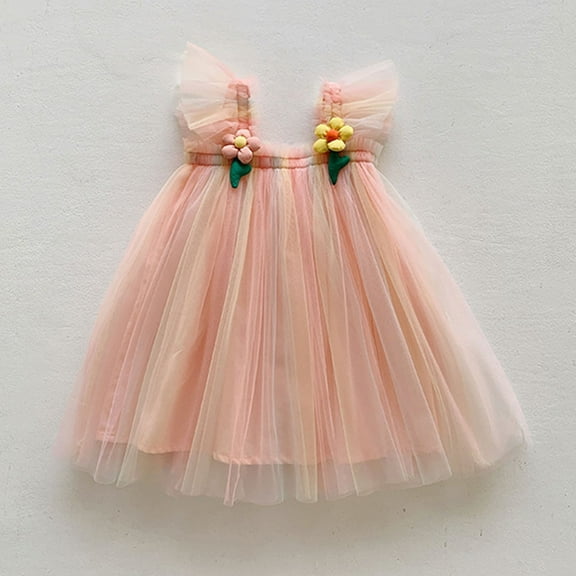 JUoaLXG Baby Girls Casual Dresses Summer Fly Sleeve Party Floral Dance Party Dress Activewear,Beige,1-2 Years