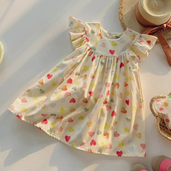 JUoaLXG Baby Girls Casual Dresses Summer Fly Sleeve Party Heart Print Dance Party Dress Streetwear,Beige,18-24 Months