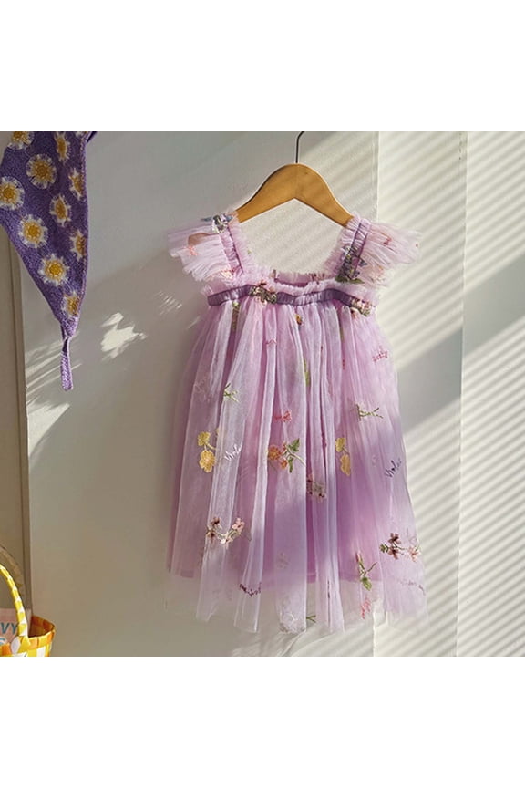 Baby Girls Casual Dresses Summer Fly Sleeves Embroider Princess Dance Party Floral Dress Outwear,Purple,12-18 Months