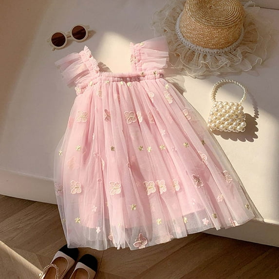 JUoaLXG Baby Girls Casual Dresses Summer Fly Sleeves Mesh Embroidery Party Dance Party Dress Outwear,Pink,18-24 Months
