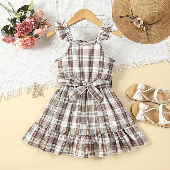 JUoaLXG Baby Girls Casual Dresses Summer Plaid Patchwork Ruffled Sleeveless Dress Activewear,Beige,12-24 Months