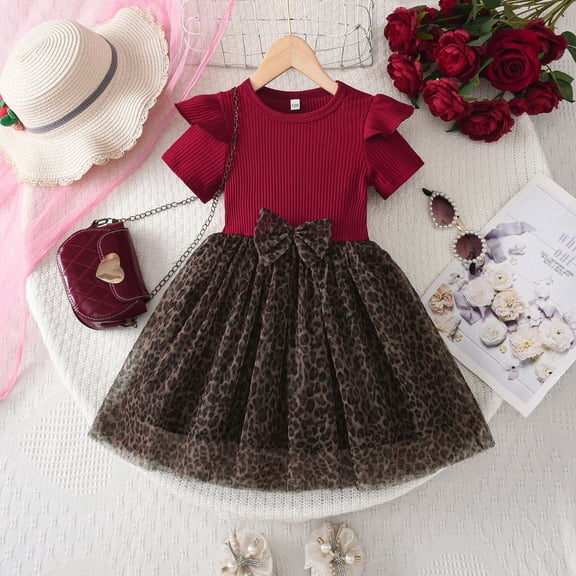 JUoaLXG Baby Girls Casual Dresses Summer Short Sleeve Leopard Print Ribbed Bowknot Princess Dress Holiday Wear,Red,18-24 Months
