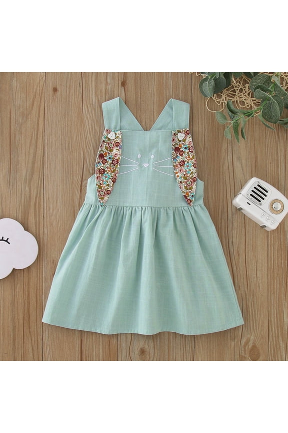 Baby Girls Casual Dresses Summer Sleeveless Easter Cartoon Rabbit Printed Princess Dress Sportwear,Blue,12-18 Months