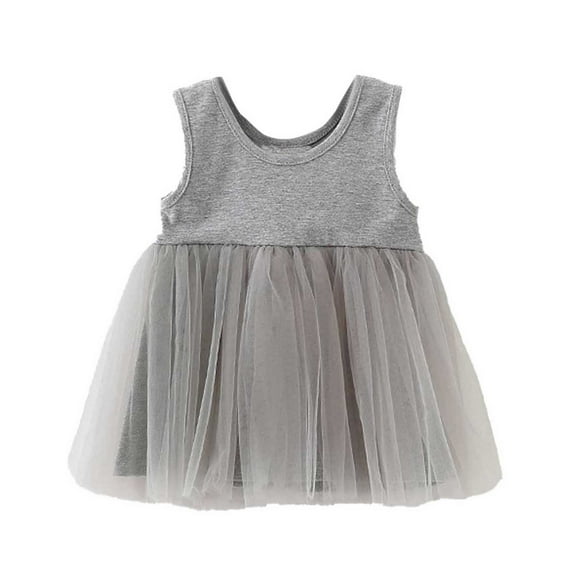 JUoaLXG Baby Girls Casual Dresses Summer Solid Color Round Neck Sleeveless Mesh Dance Party Sundress Activewear,Gray,6-9 Months