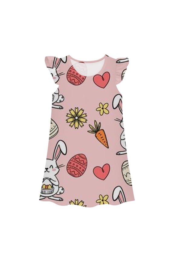 Juniors Girls Casual Dresses Cartoon Easter Bunny Print Crew Neck Fly Sleeve Princess Gown Fashion Cute DressOutwear,Pink,5-6 Years