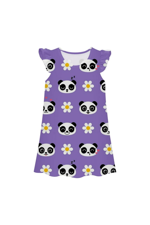 Juniors Girls Casual Dresses Cute Panda Print Crew Neck Fly Sleeve Princess Gown Fashion DressOutwear,Purple,7-8 Years