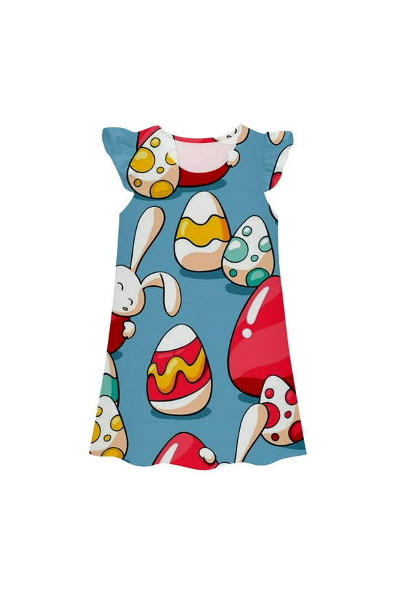 Juniors Girls Casual Dresses Easter Bunny Print Crew Neck Fly Sleeve Princess Gown Cute DressOutwear,Blue,7-8 Years