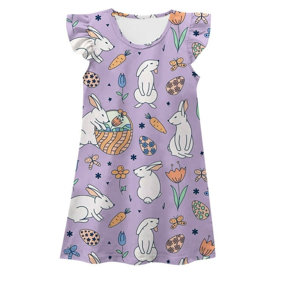 JUoaLXG Juniors Girls Casual Dresses Summer Easter Bunny Print Round Neck Flying Sleeve Comfortable Homewear DressDaily-Wear,Purple,9-10 Years
