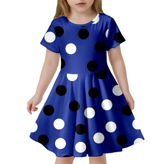 JUoaLXG Kids Girls Casual Dresses Summer Polka Dot Print Crew Neck Short Sleeve Slim A Line Fashion Sundress Beachwear,Blue,8-9 Years