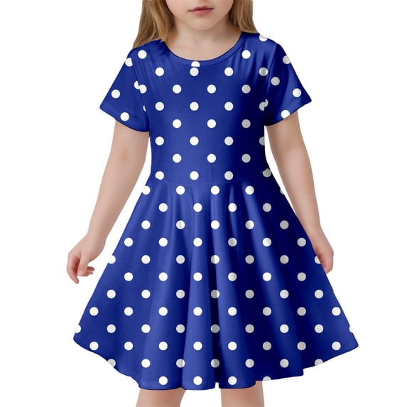 JUoaLXG Kids Girls Casual Dresses Summer Polka Dot Print Crew Neck Short Sleeve Slim A Line Fashion Sundress Beachwear,Blue,8-9 Years