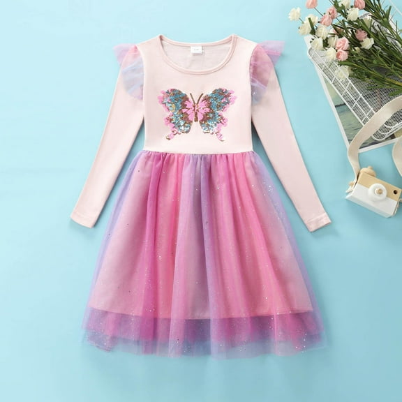 JUoaLXG Toddler Girls Casual Dresses Butterfly Sequins Crew Neck Long Sleeve Party Princess Mesh Dress Daily-Wear,Pink,3-4 Years