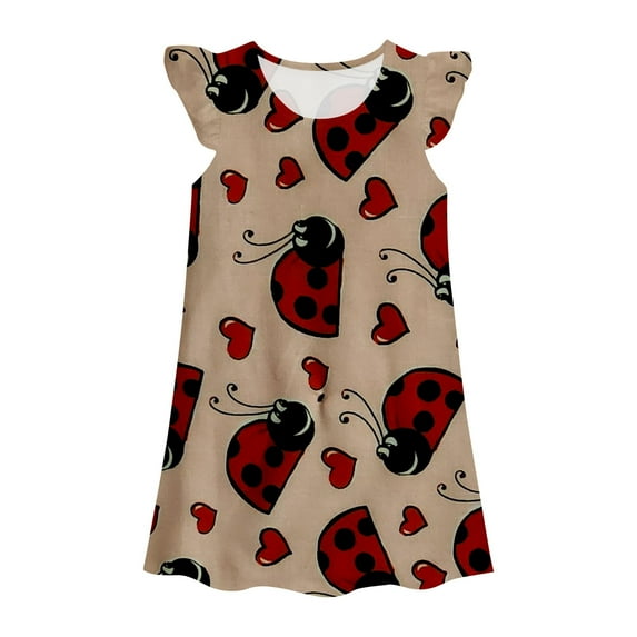 JUoaLXG Toddler Girls Casual Dresses Cute Cartoon Print Crew Neck Fly Sleeve Princess Gown Fashion DressHoliday Wear,Beige,3-4 Years