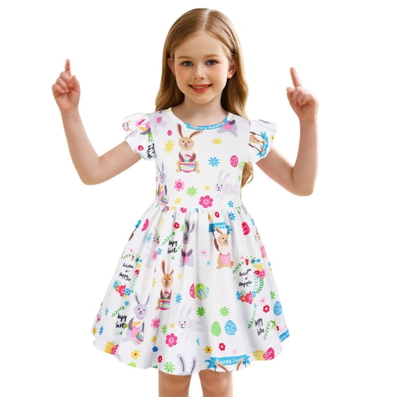 JUoaLXG Toddler Girls Casual Dresses Easter Bunny Print Round Neck Fly Sleeve Party School DressOutwear,Multicolor,3-4 Years