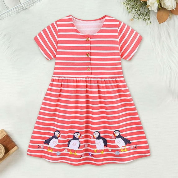 JUoaLXG Toddler Girls Casual Dresses Summer Animal Embroidered Striped Short Sleeve Princess Party Dress Sportwear,Pink,2-3 Years