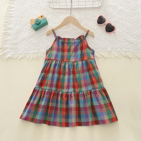 JUoaLXG Toddler Girls Casual Dresses Summer Beach Colorful Plaid Spaghetti Straps Kids Dress Daily-Wear,Multicolor,4-5 Years