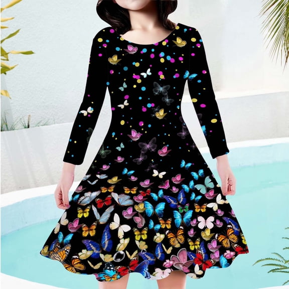 JUoaLXG Toddler Girls Casual Dresses Summer Butterfly Print Long Sleeve Kids Cute Comfortable Dress Daily-Wear,Black,8-9 Years