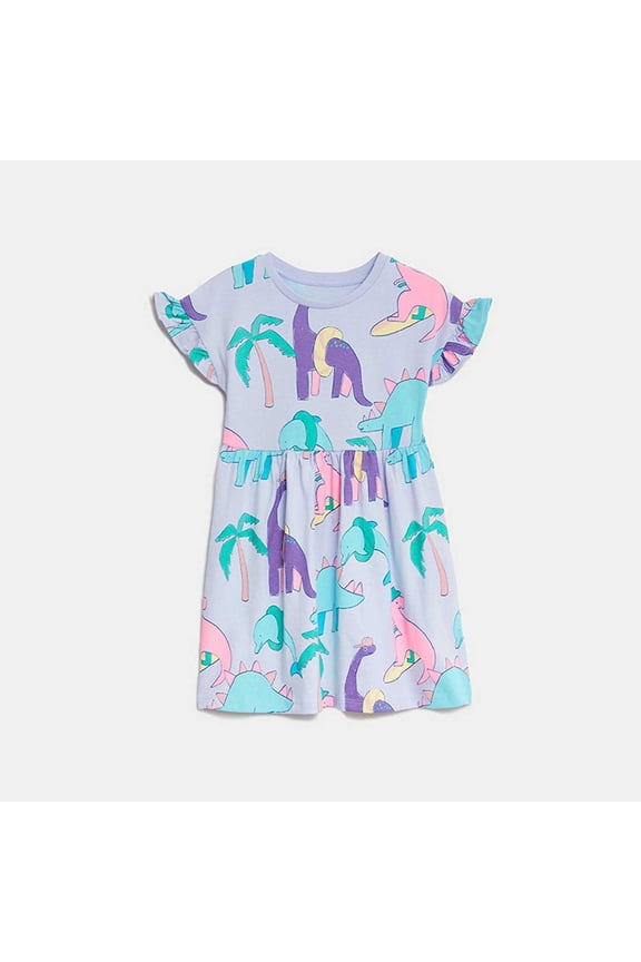 Toddler Girls Casual Dresses Summer Cartoon Dinosaur Print Short Sleeve Princess Round Neck Dress Outwear,Blue,5-6 Years