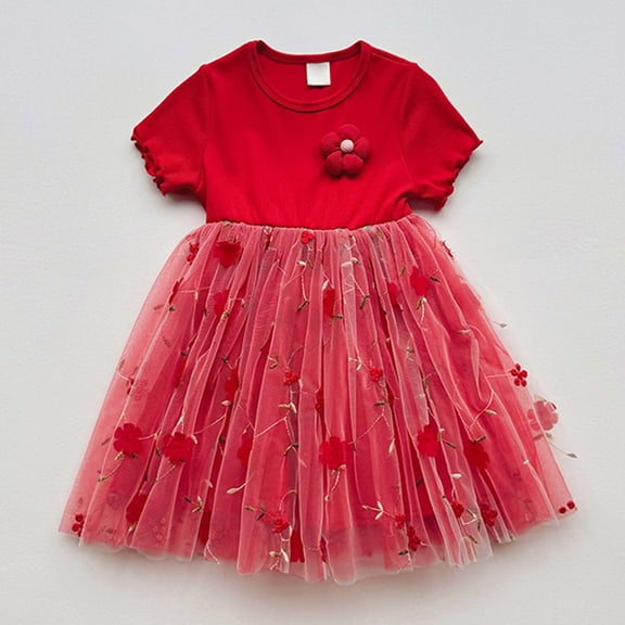 JUoaLXG Toddler Girls Casual Dresses Summer Children Short Sleeve Flowers Print Mesh Dress Holiday Wear,Red,3-4 Years